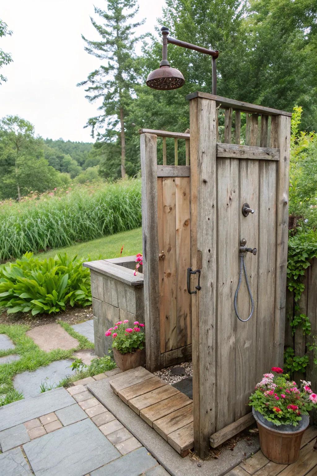 A vintage outdoor shower fashioned from restored wood.