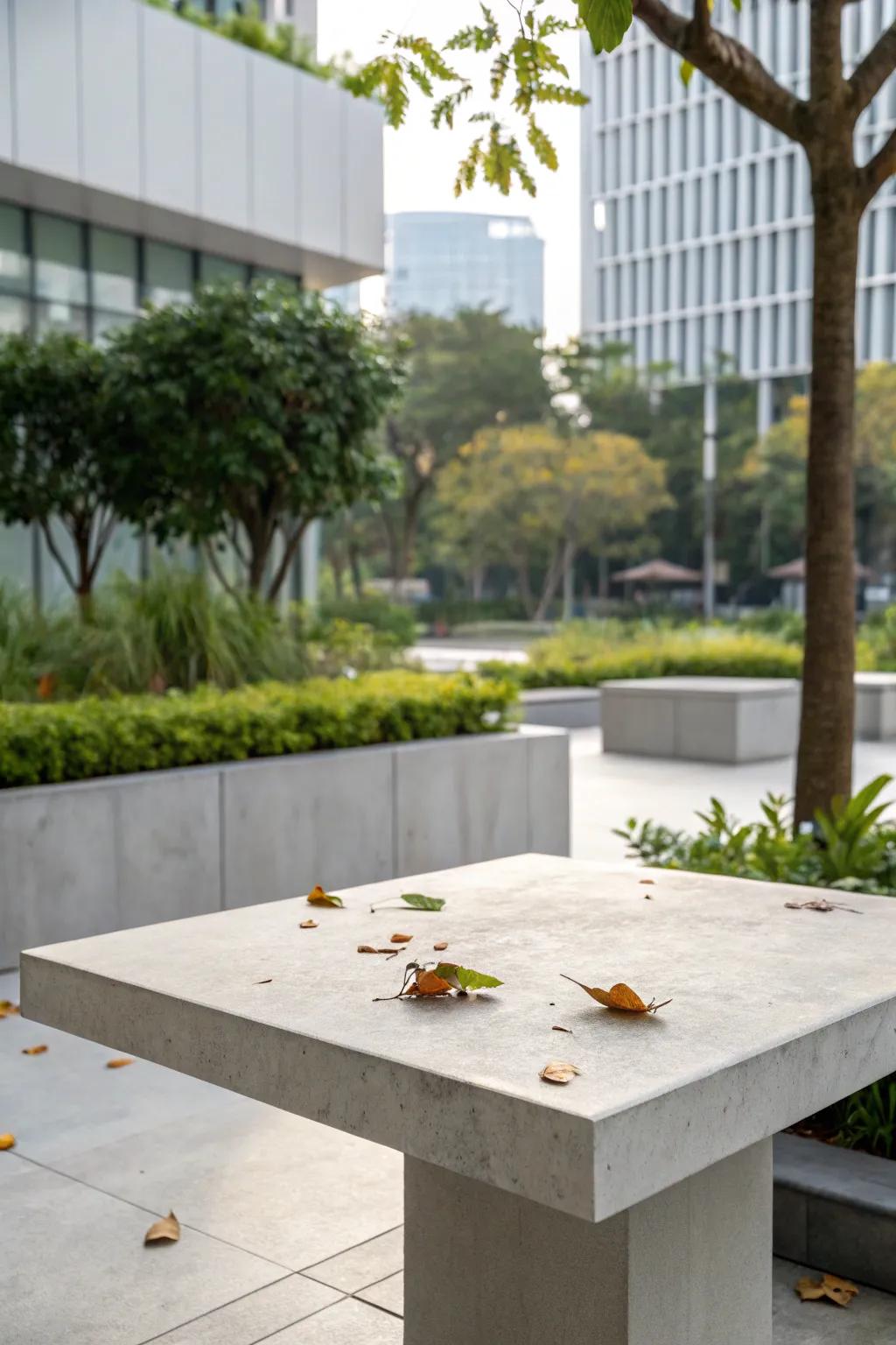 Solid surface table tops are versatile and add a minimalist touch to your patio.