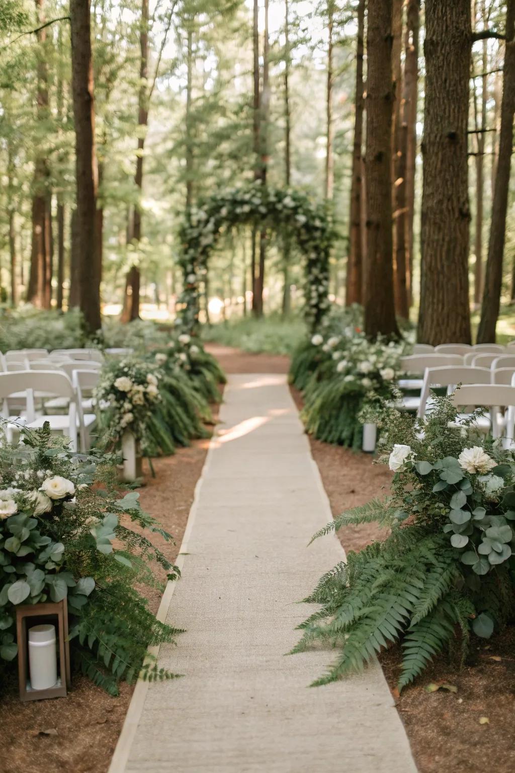 An aisle styled with native foliage for straightforward elegance.