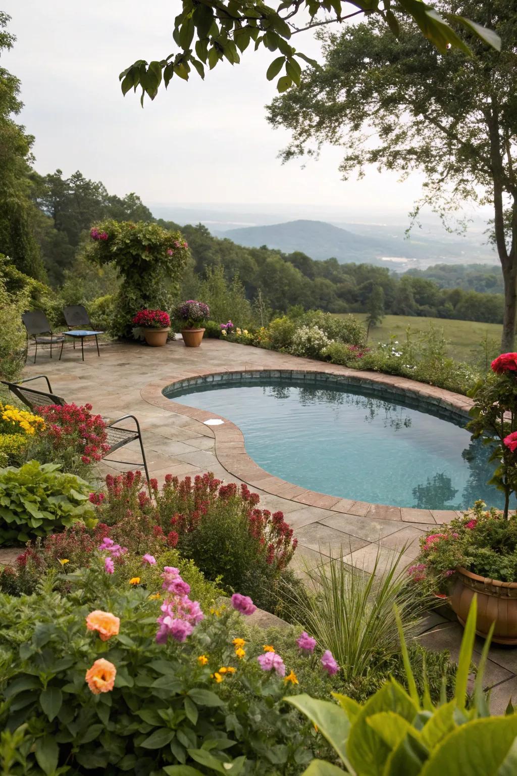 Lush landscaping transforms the pool deck into a tranquil retreat.