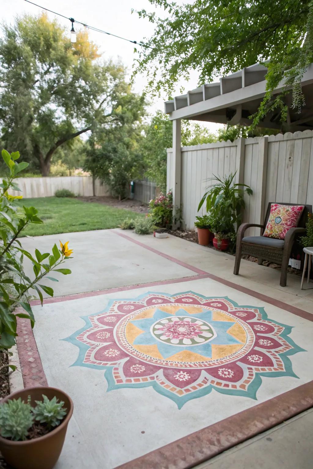 This patio space is made cozier and more organized by a painted faux rug.