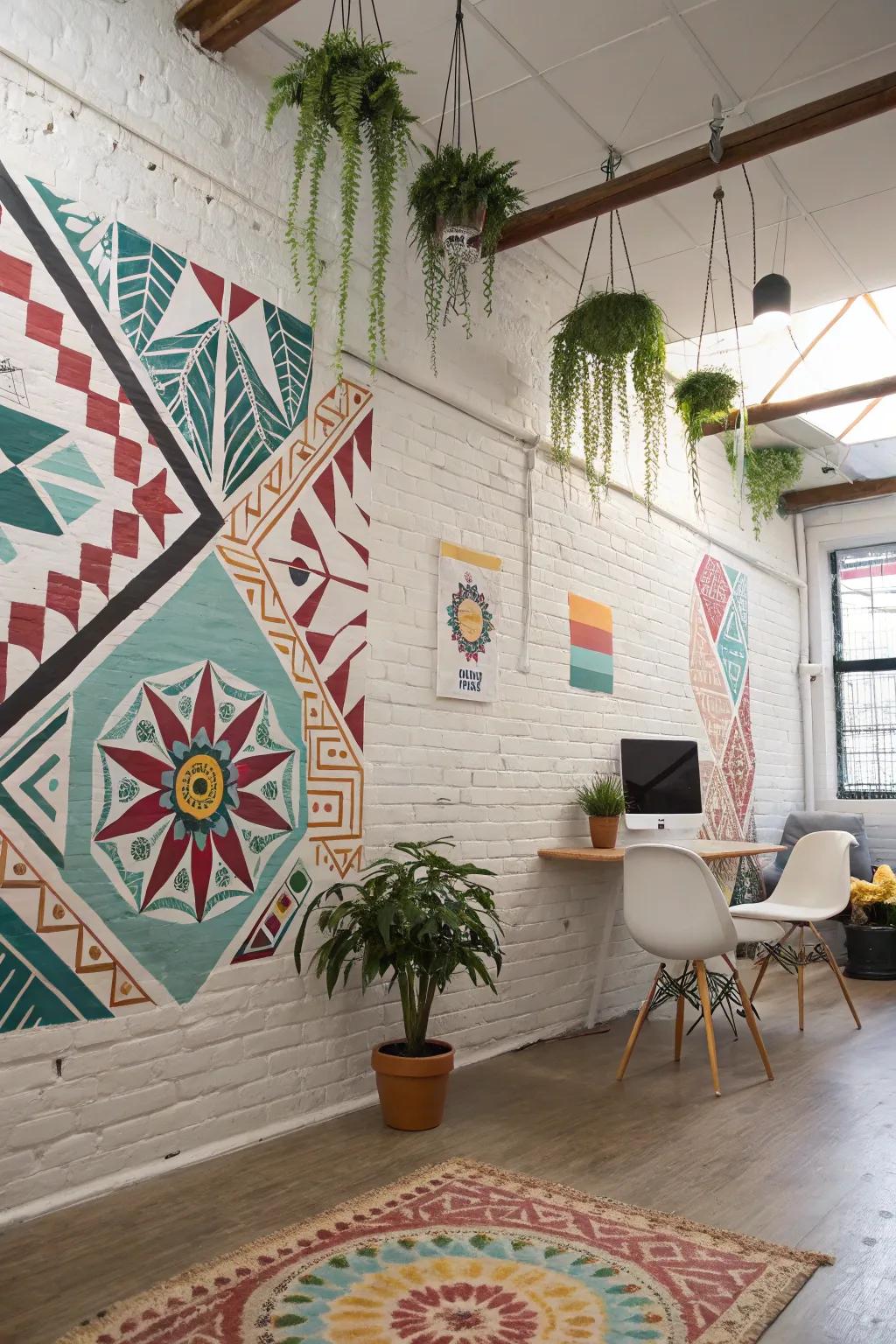 An inspiring work area featuring a striking geometric patterned brick wall.