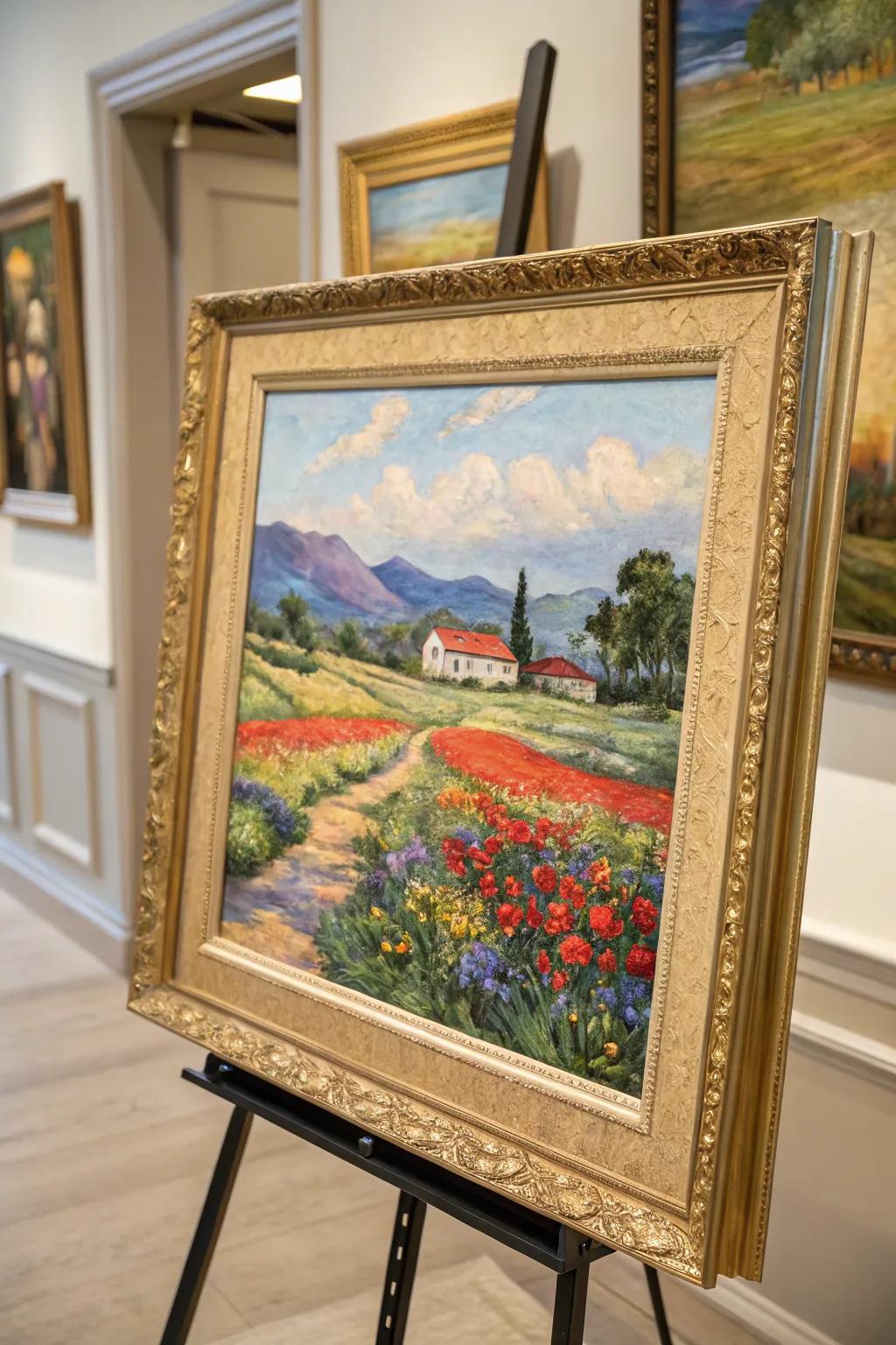 A vivid painting enhanced through a coordinating frame.