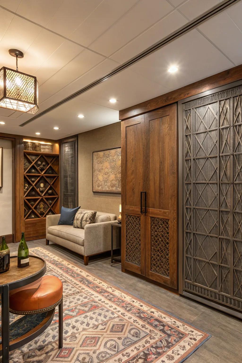 Room featuring a mix of timber, textile, and metal boards.