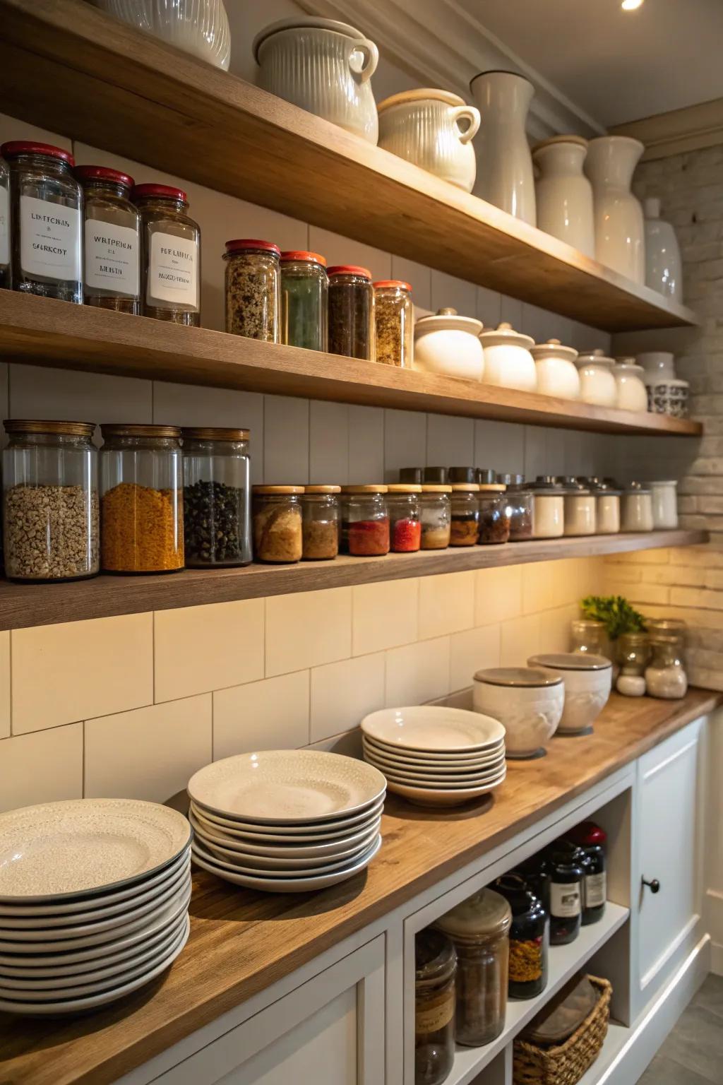 A pantry with shelving that showcases both containers and ceramic tableware.