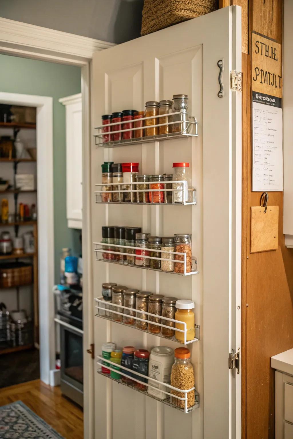Suspending racks on a pantry threshold maximize storage by utilizing vertical area.
