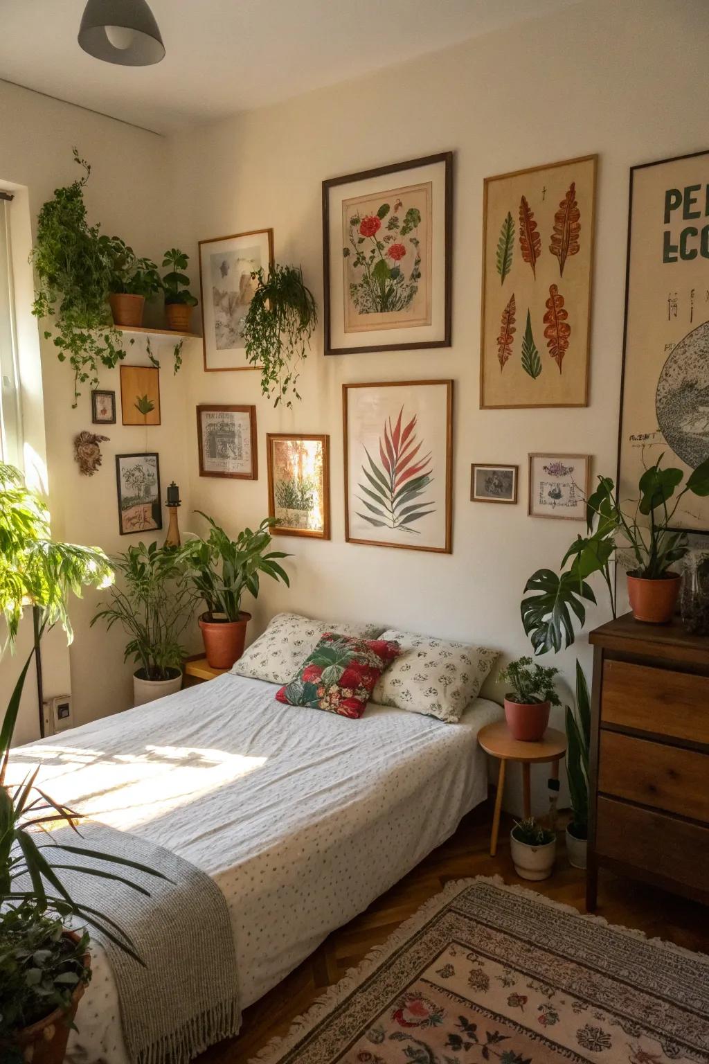 Individual artistic components breathe vitality into the bedroom.