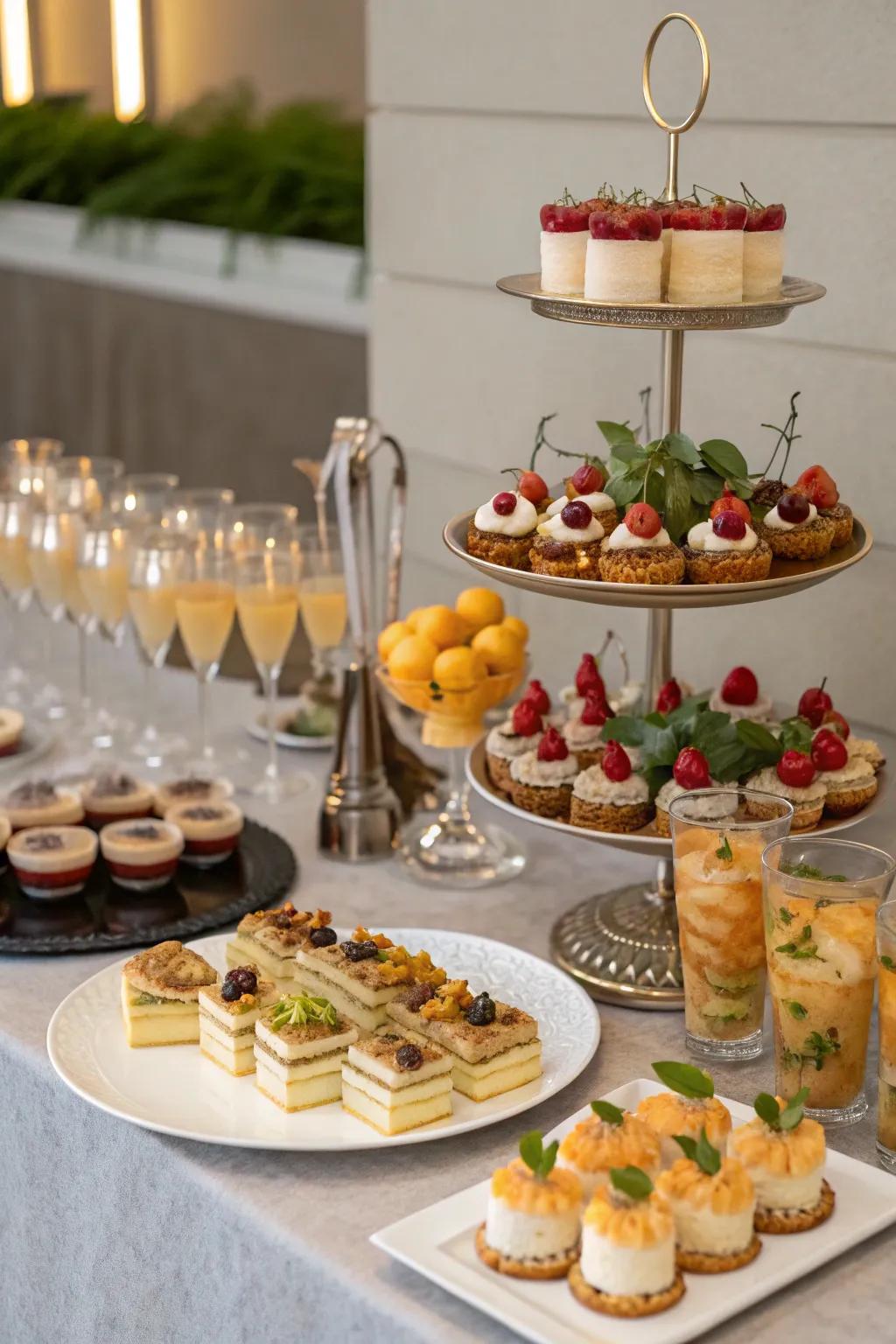 Chic presentation enhances the allure of the party’s food and drinks.