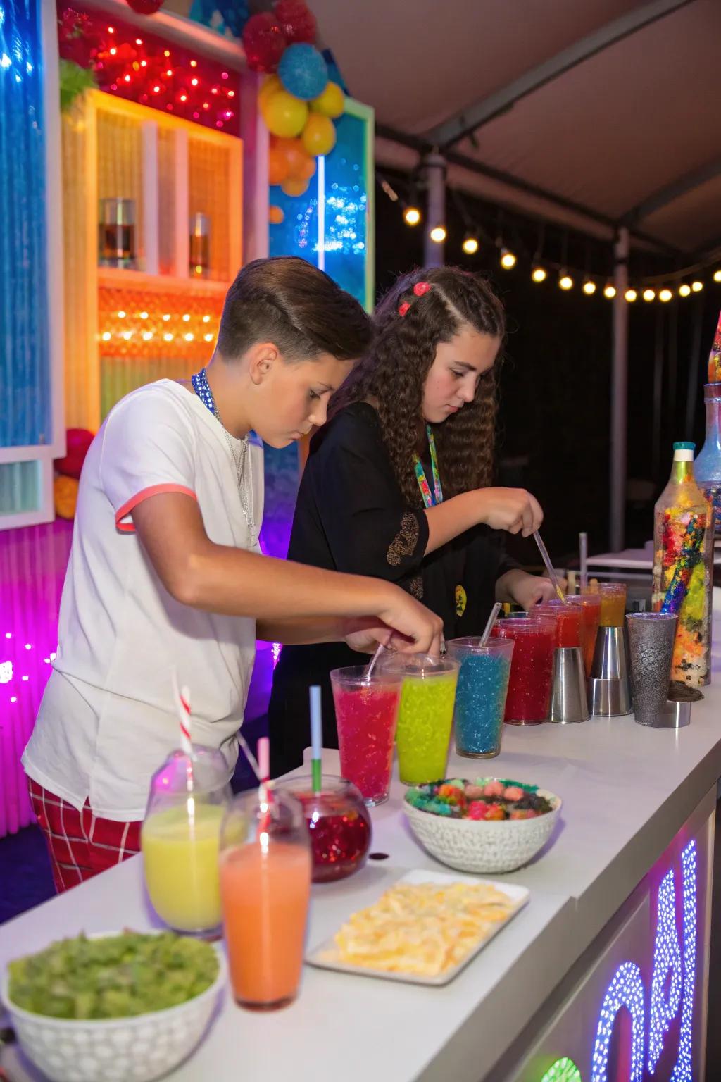Teens savoring an alcohol-free mixology session with vibrant beverages.