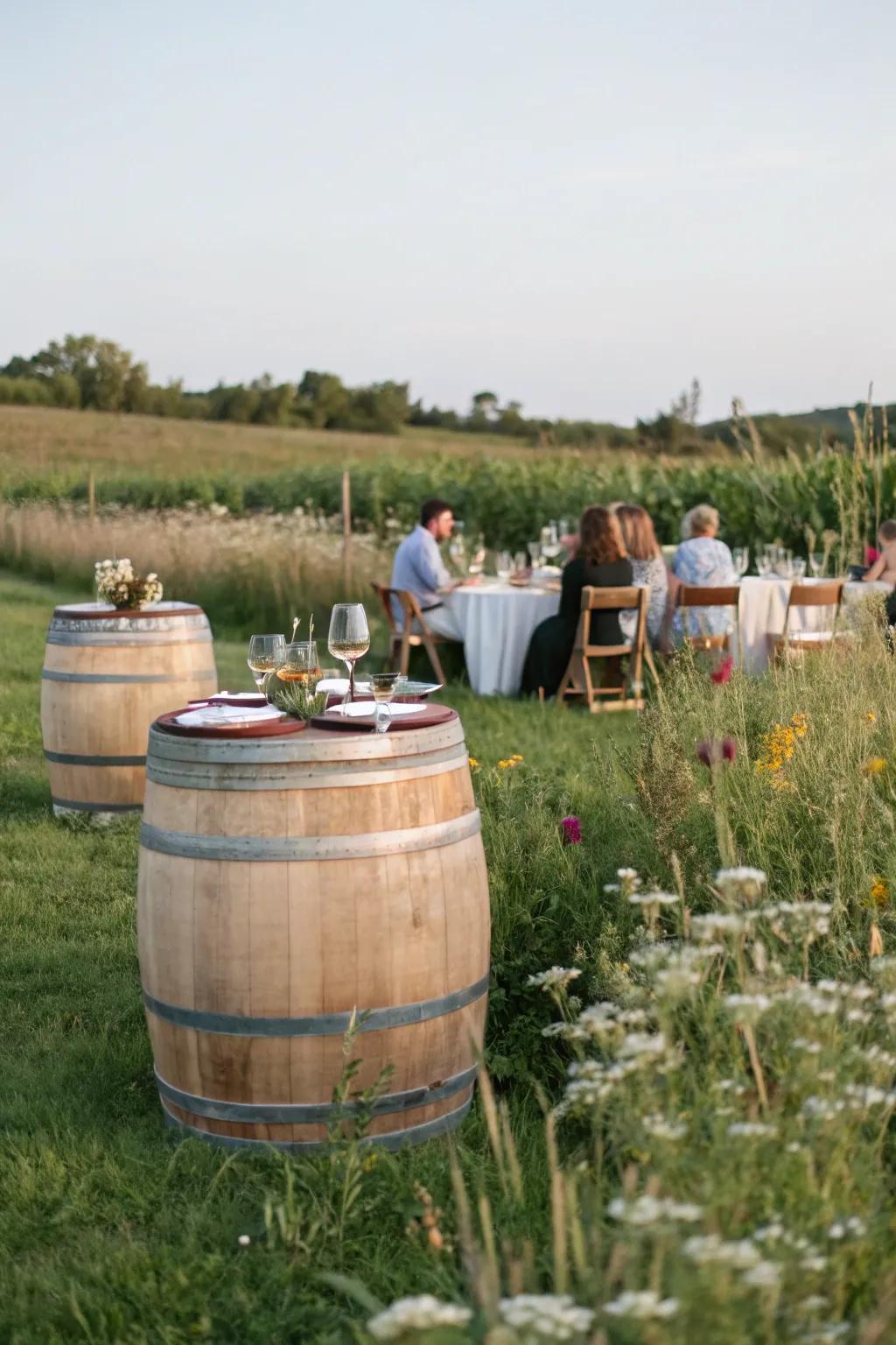 Vinification casks serving as stands in the pasture.