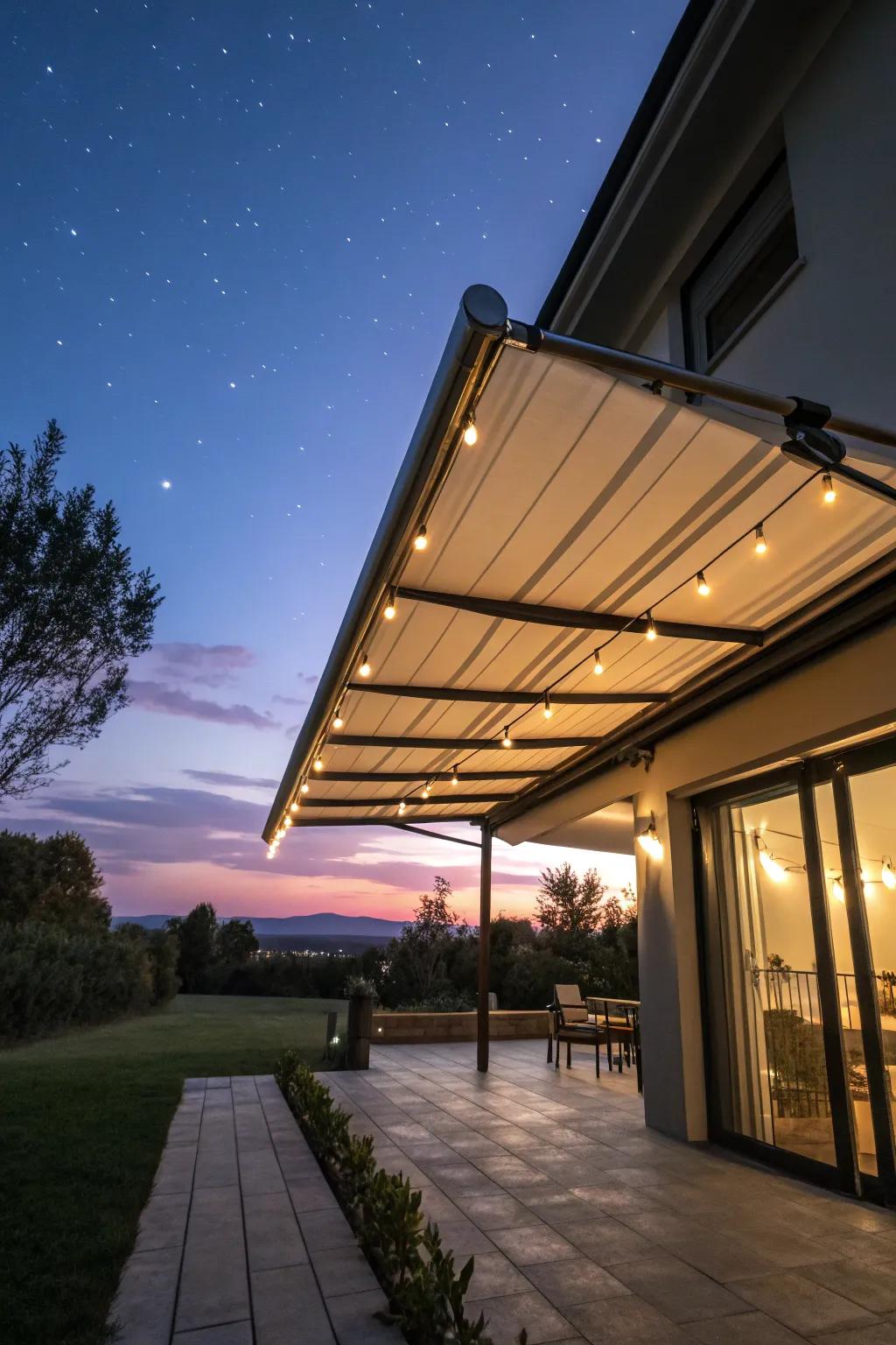 Coverings with integrated illumination create a cozy nighttime setting.