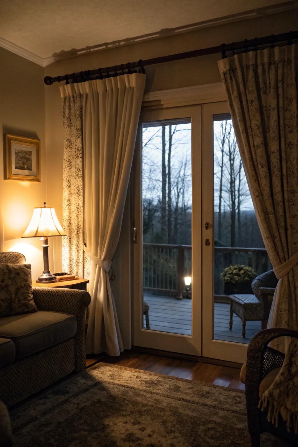 Blackout coverings offer seclusion and light management for a comfortable atmosphere.