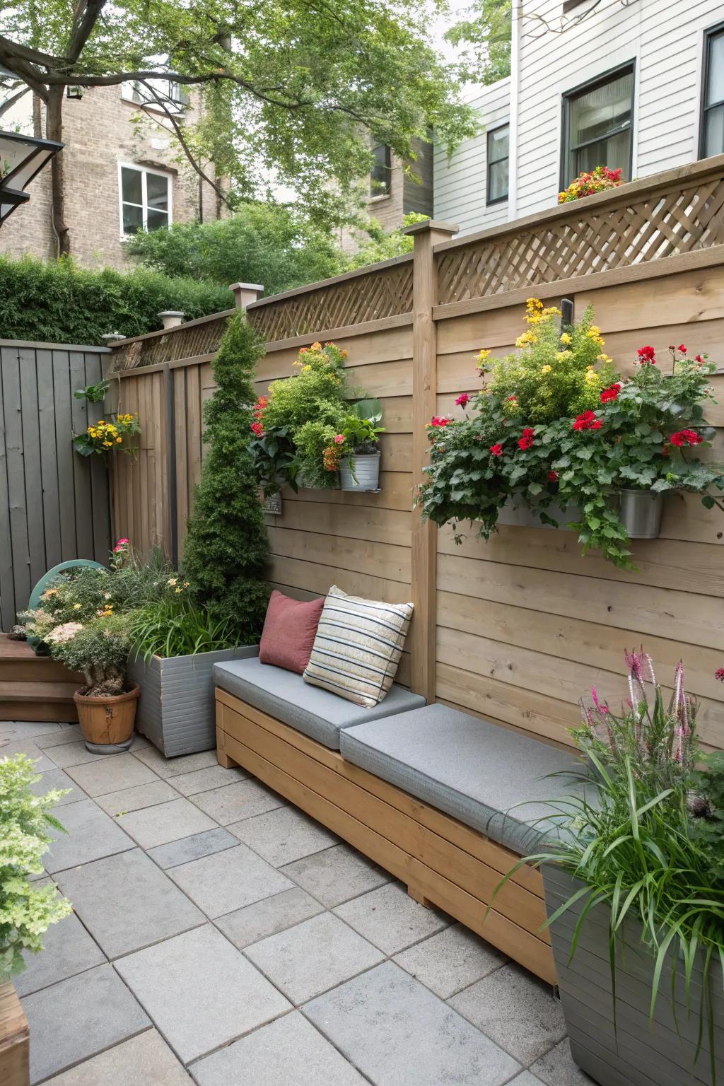 Integrated seating and planters boost patio functionality.