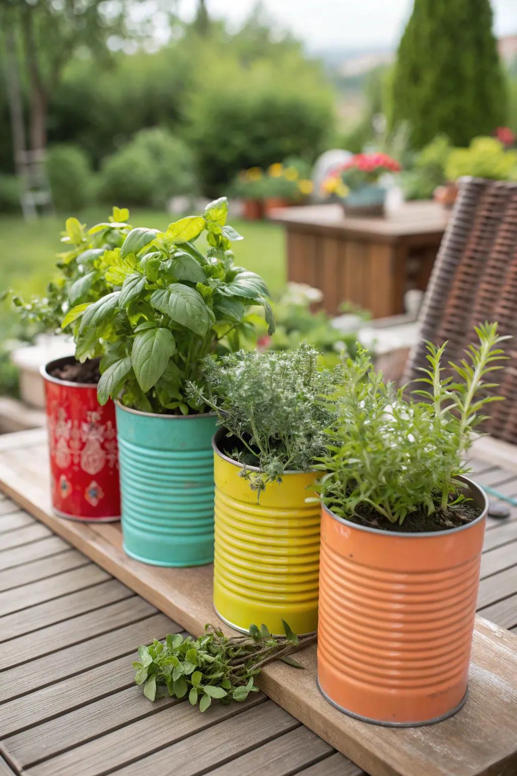 Recycled tin cans as herb planters.