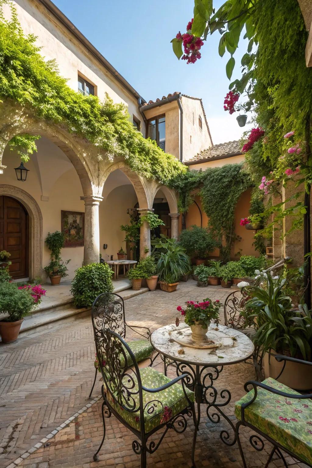 Wrought iron furniture lends elegance to this garden patio.