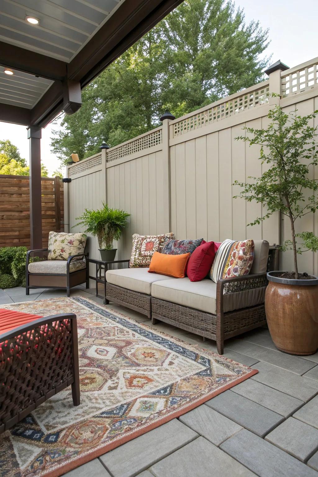 Saturate with hues using adorned pillows and floor coverings.