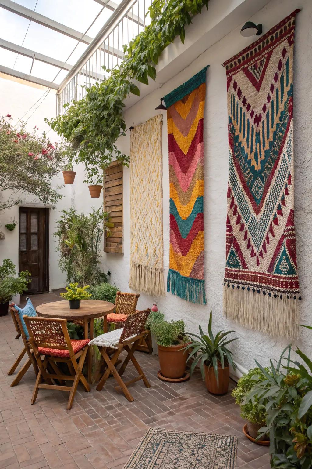Bohemian tapestries introduce texture and color to the patio wall.