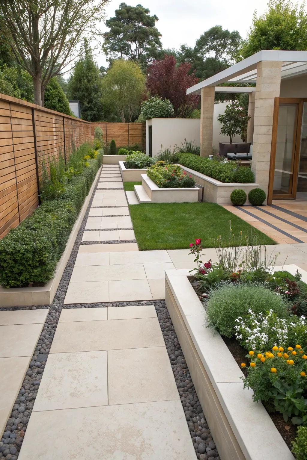 Modern simplicity with paver flower beds.