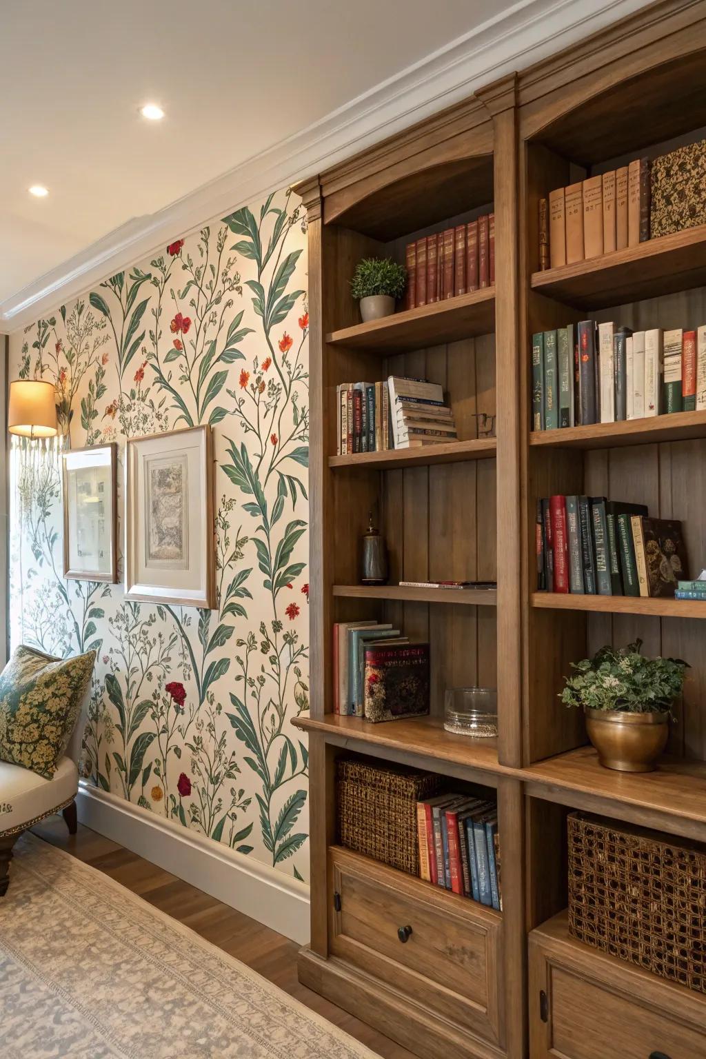 Accentuate your shelves through fashionable wallpaper backdrops.