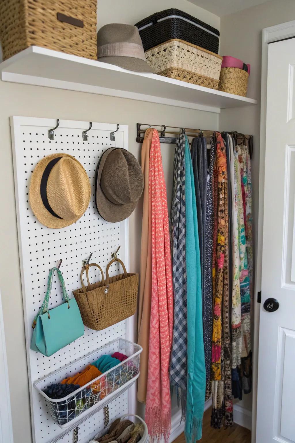 Pegboard organizers make closets more efficient.