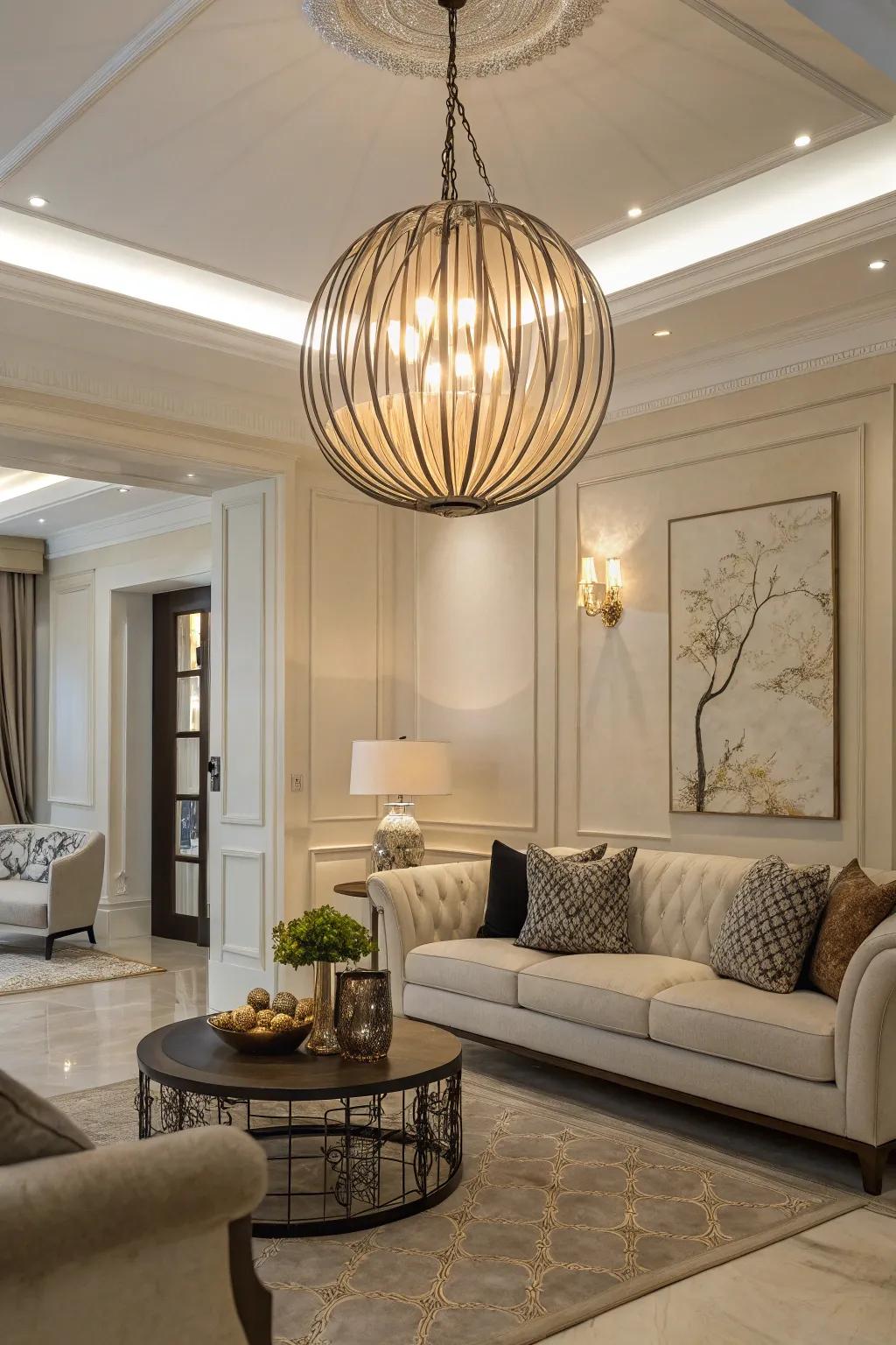 Artistic pendants function as both illumination and decorative elements.