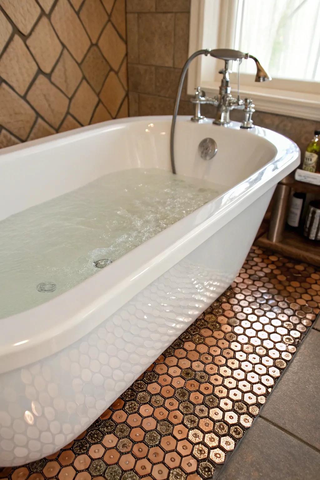 An opulent bathing vessel encircled by refined penny rounds.