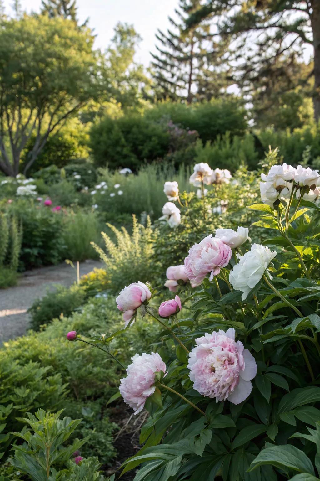 Lush verdure amplifying the vivid colors of peonies.