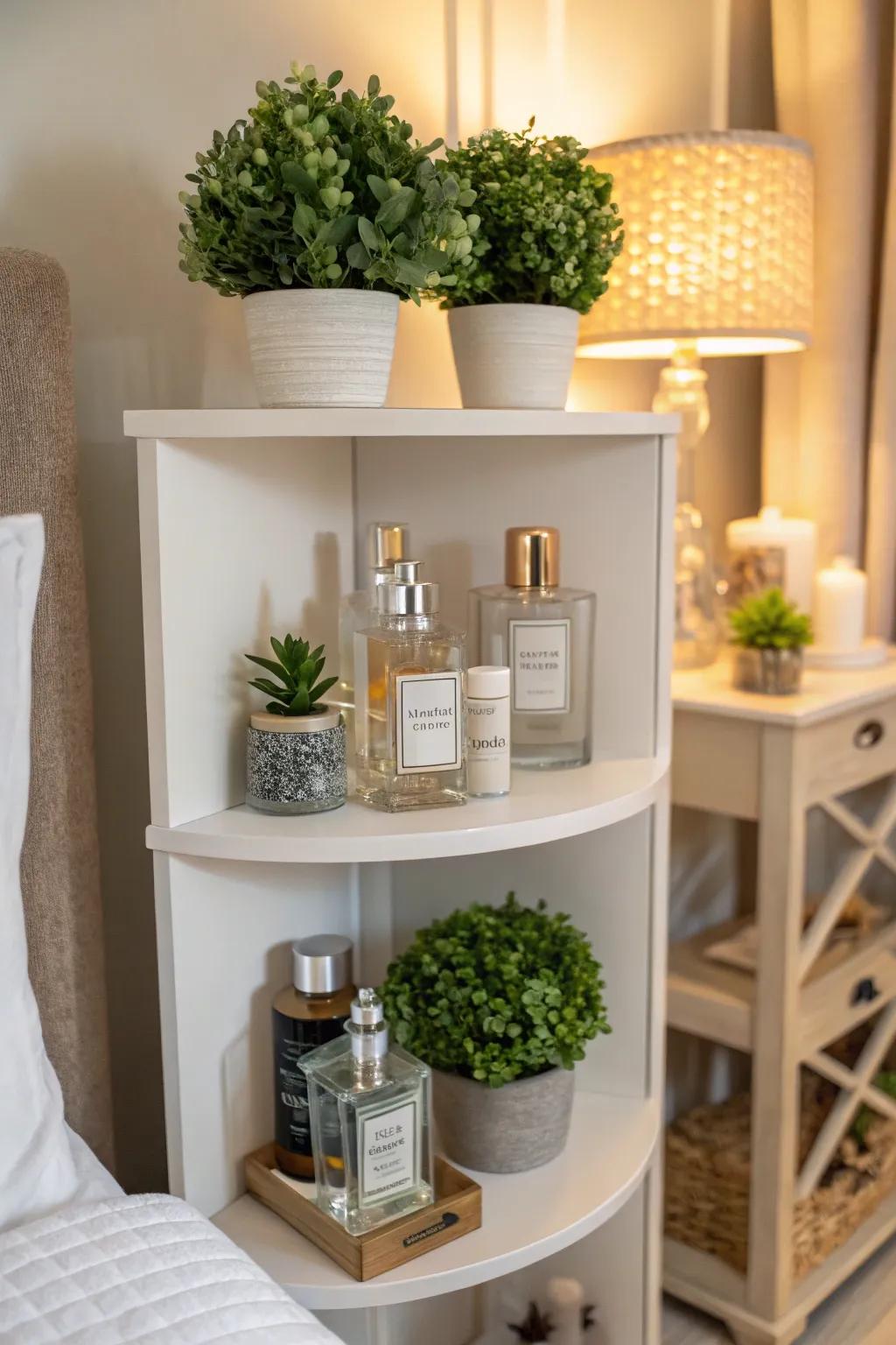 Secluded corner ledges maximize space while putting your perfumes on show.