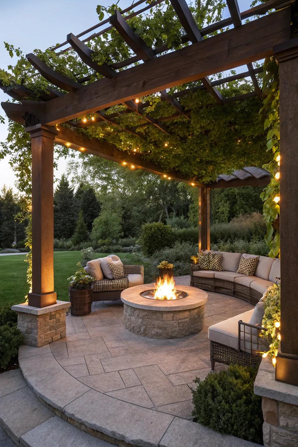 A bonfire spot crafts an intimate gathering area beneath the pergola.