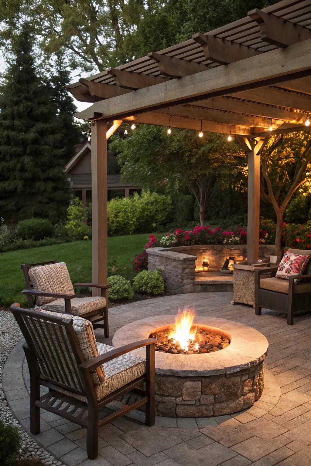 An outdoor hearth injects warmth and ambiance, ideal for intimate assemblages.