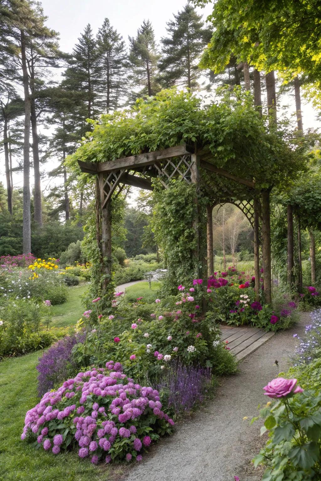 Conjure a secluded garden atmosphere with lavish greenery encircling your pergola.