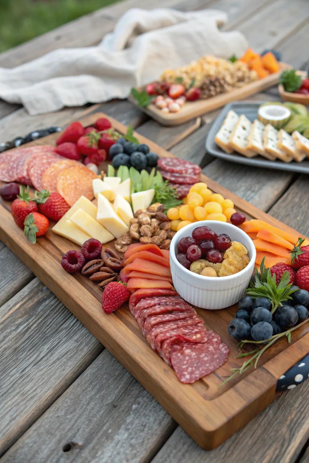 An exquisitely arranged charcuterie board elevates the picnic experience.