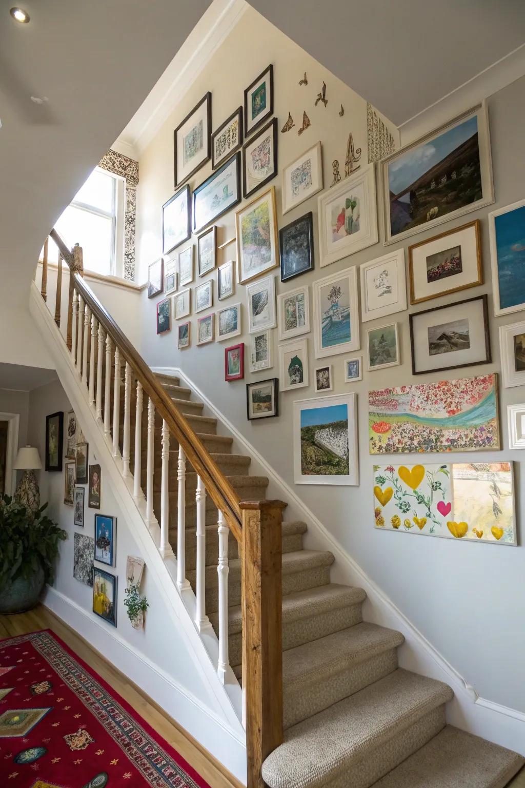 A lively gallery display along the stairway.