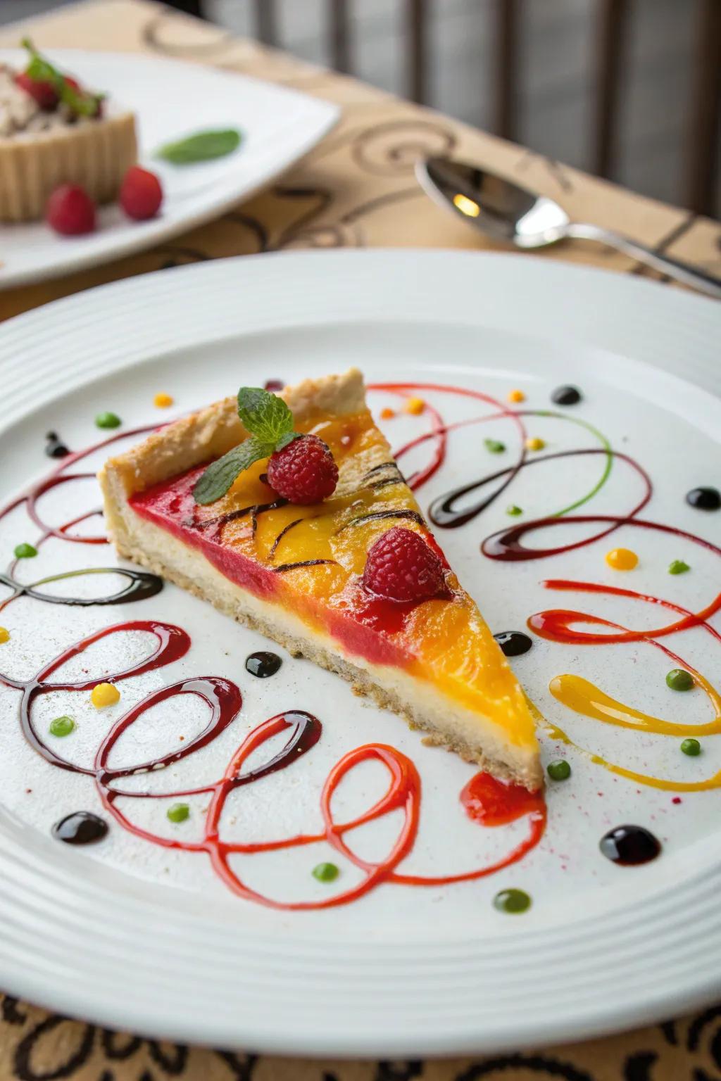 A pie slice amplified by inventive sauce artistry.