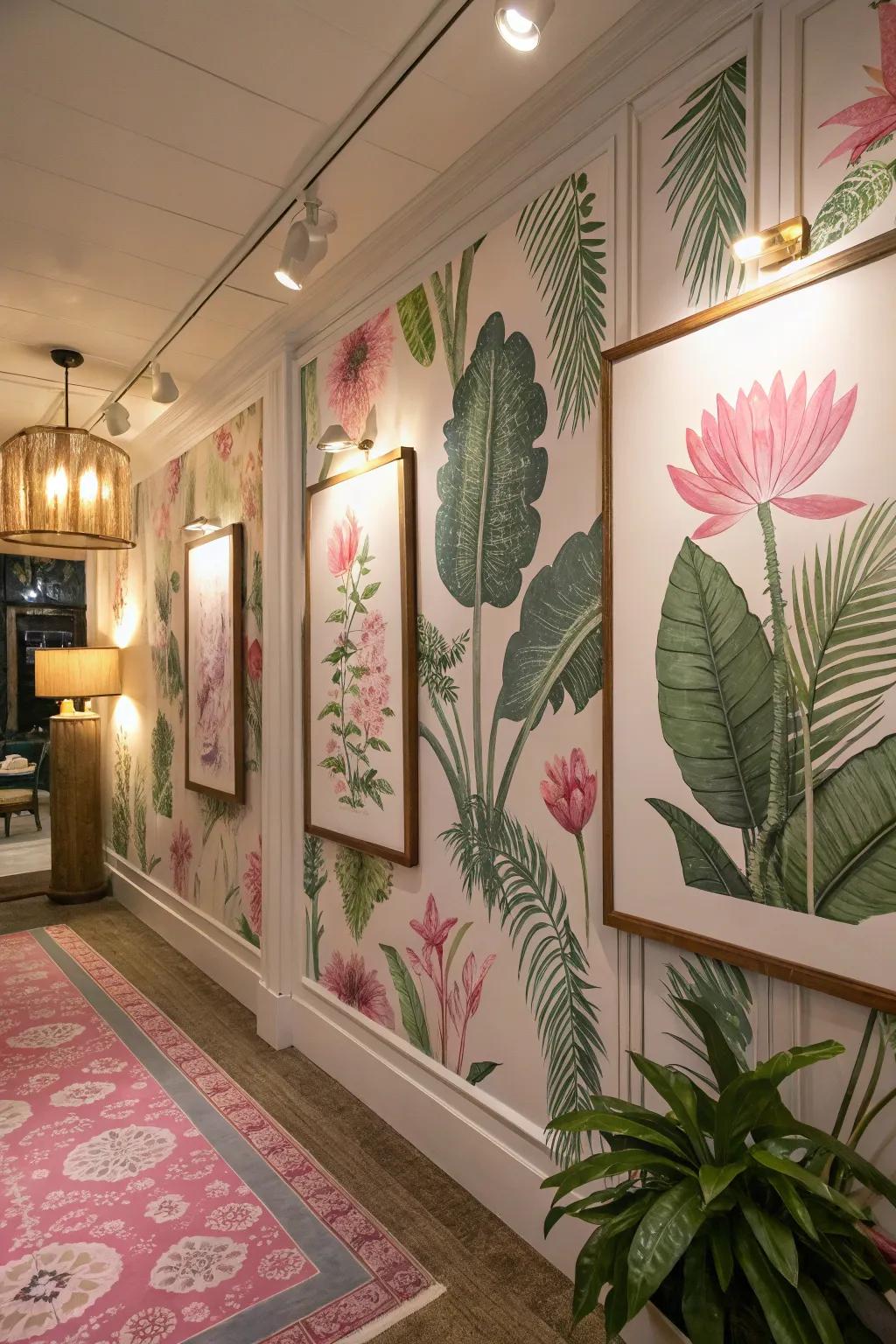 Art inspired by nature with pink and green botanical prints enhances the decor.