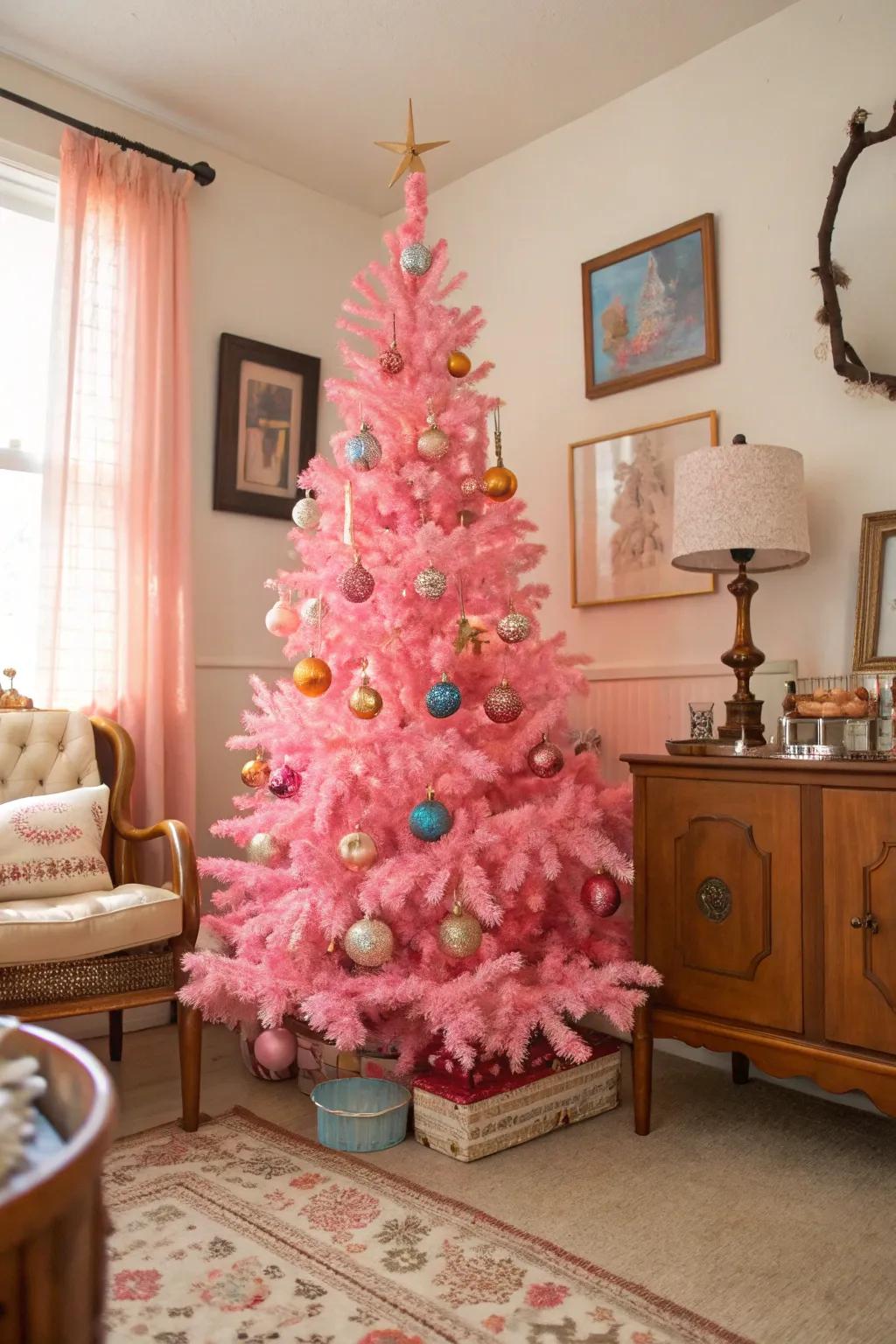 Retro ornaments bestow this rosy tree with a charming nostalgic atmosphere.