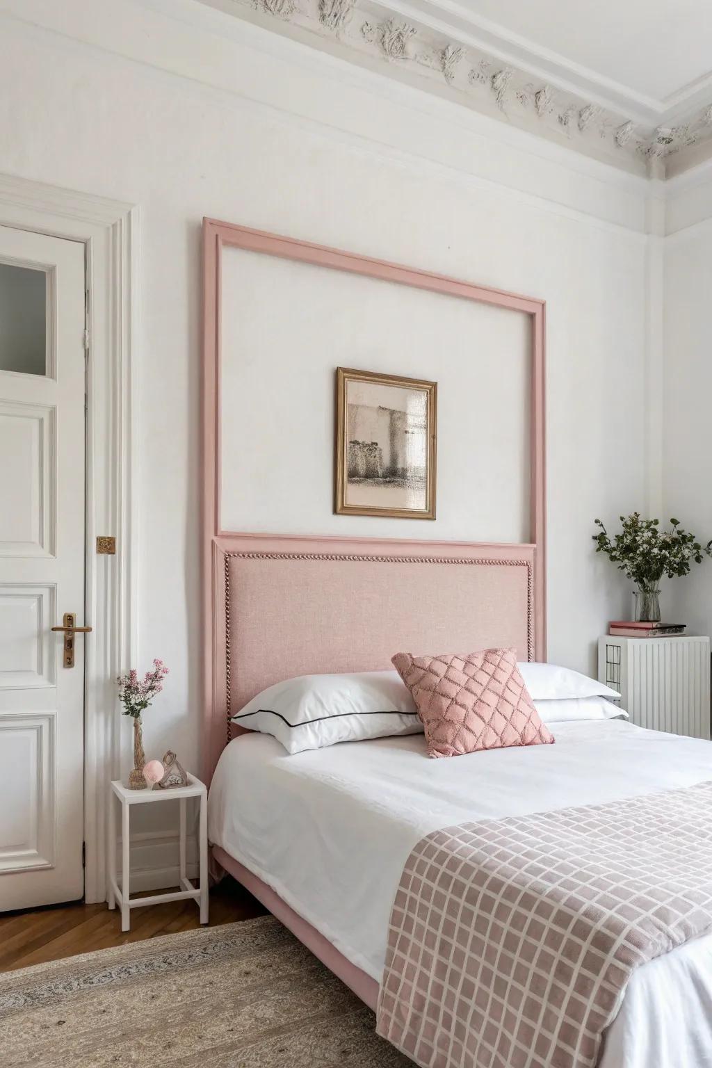 A minimalistic room displaying a basic rosy frame headboard.