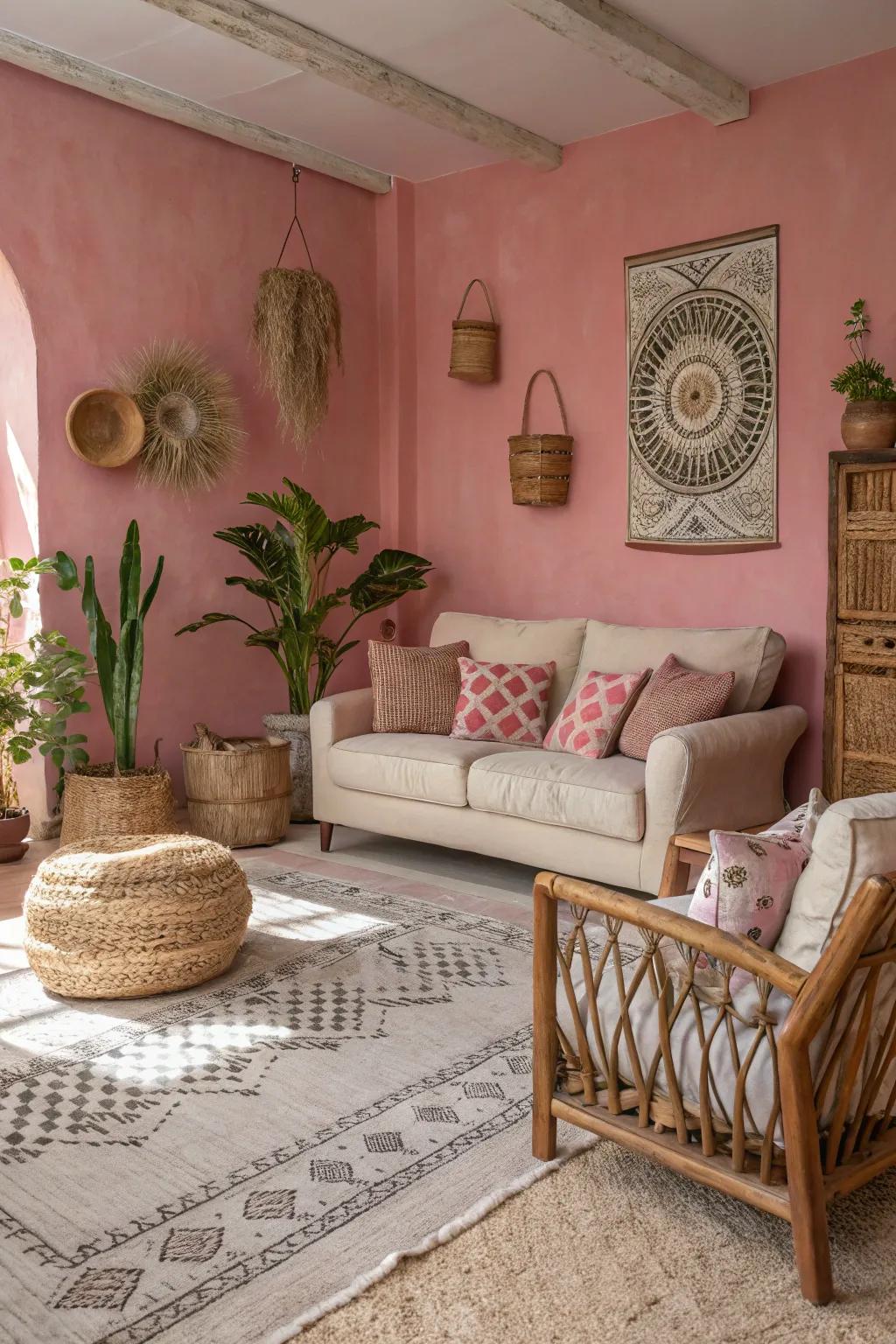 Organic nuances harmonize the vibrancy of rose for a grounded visual.