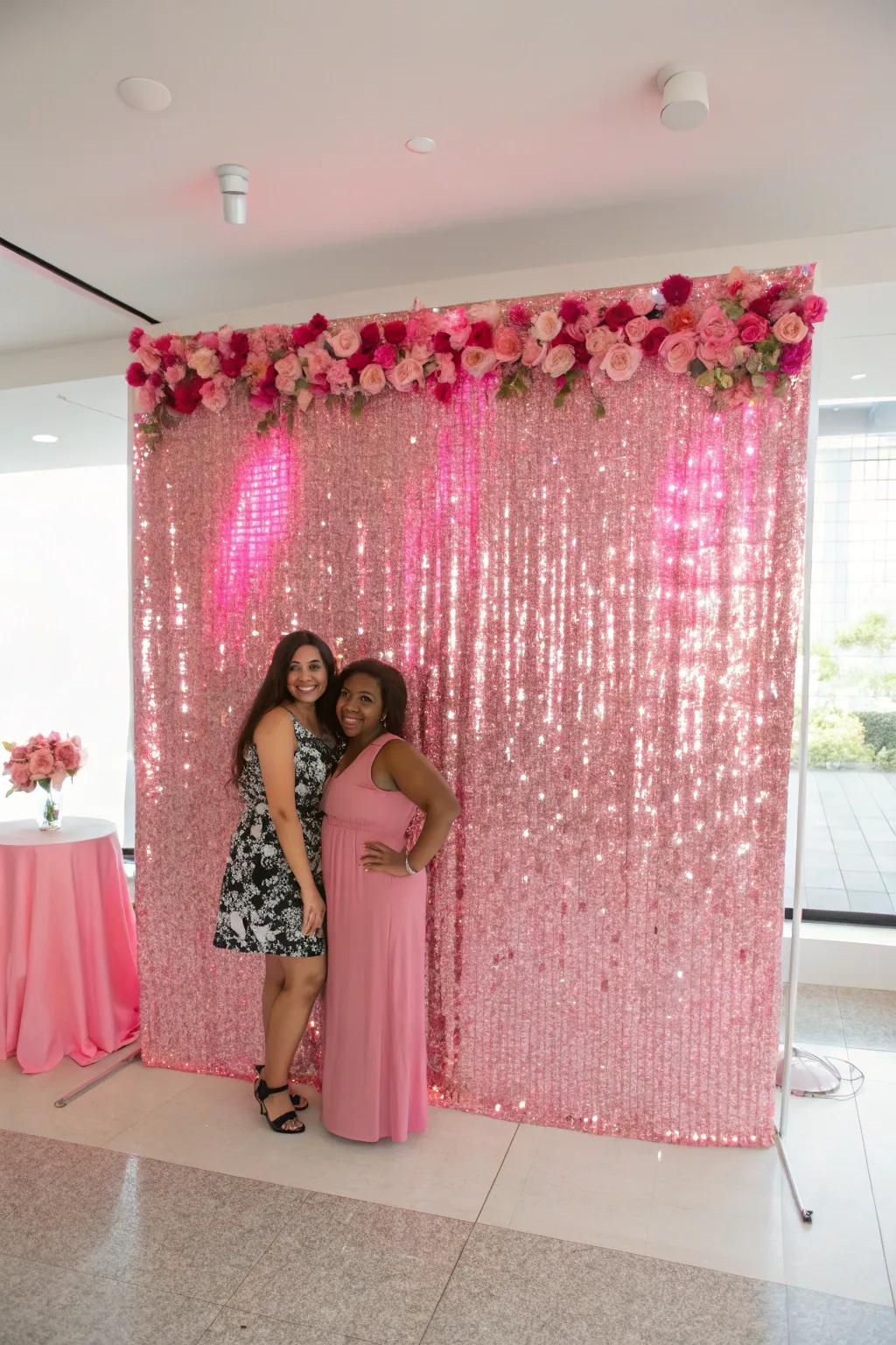A rose-themed photo backdrop ensures picture-perfect moments.