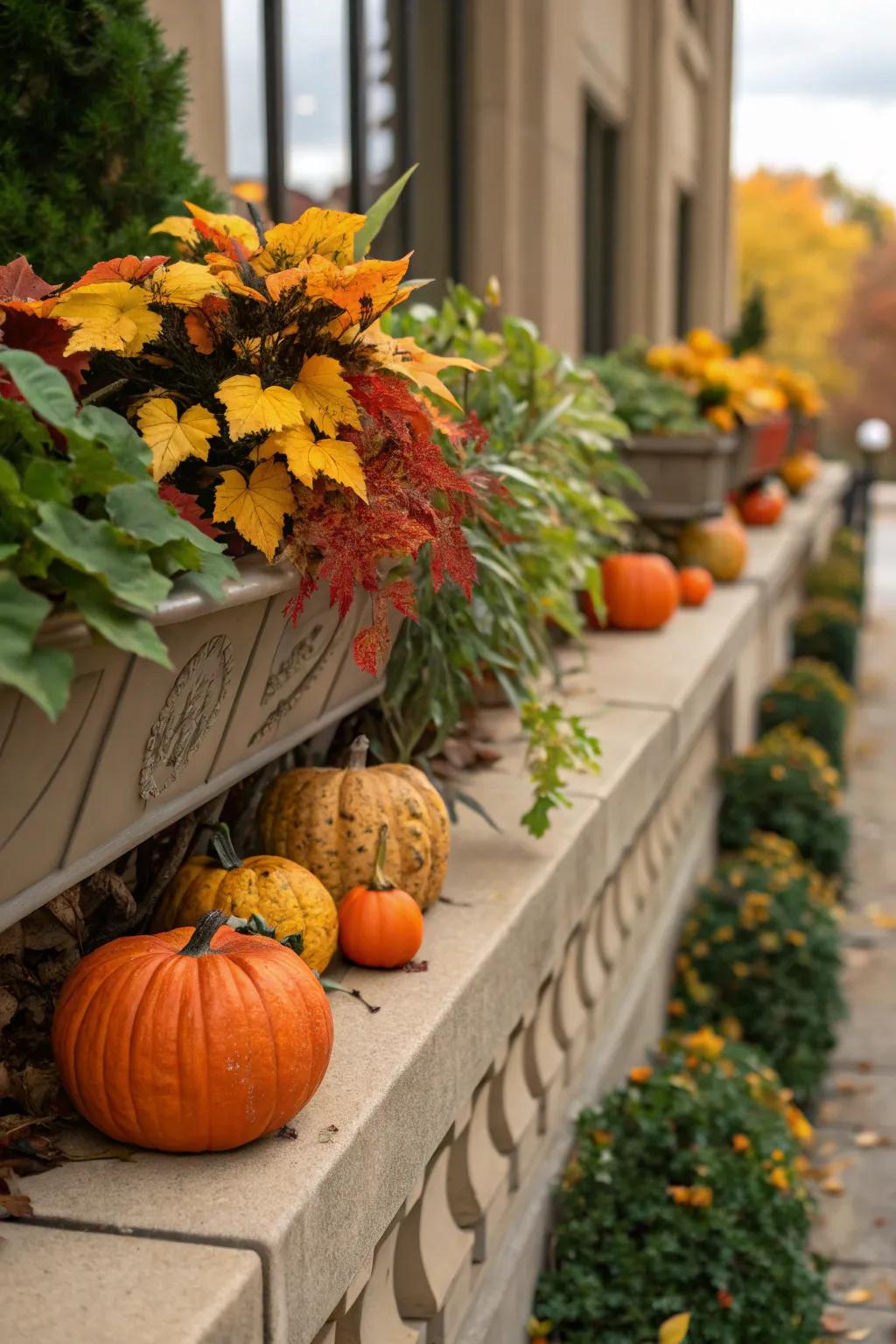 Periodical articles like cucurbits contribute a celebratory touch to this plant ledge.