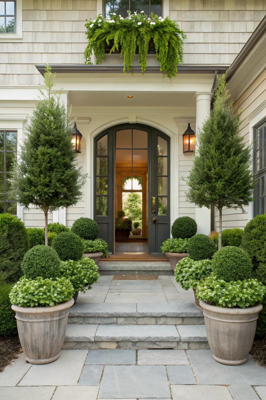 Symmetrical planting designs beautifully accentuate the entrance.
