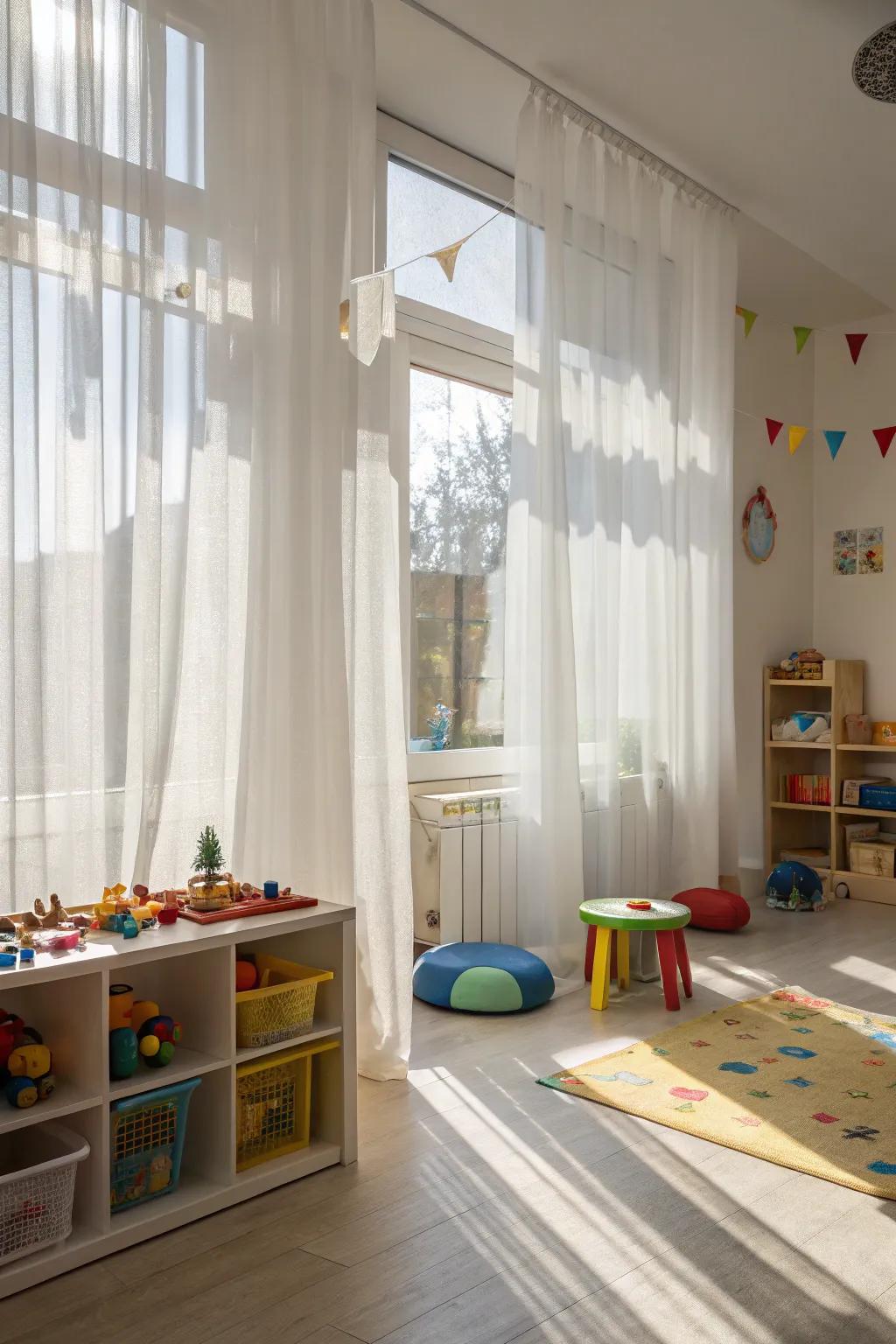 Sheer curtains bring in natural light, brightening the playroom.