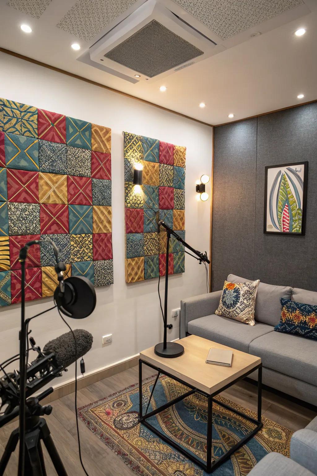 A podcast studio with decorative acoustic panels.