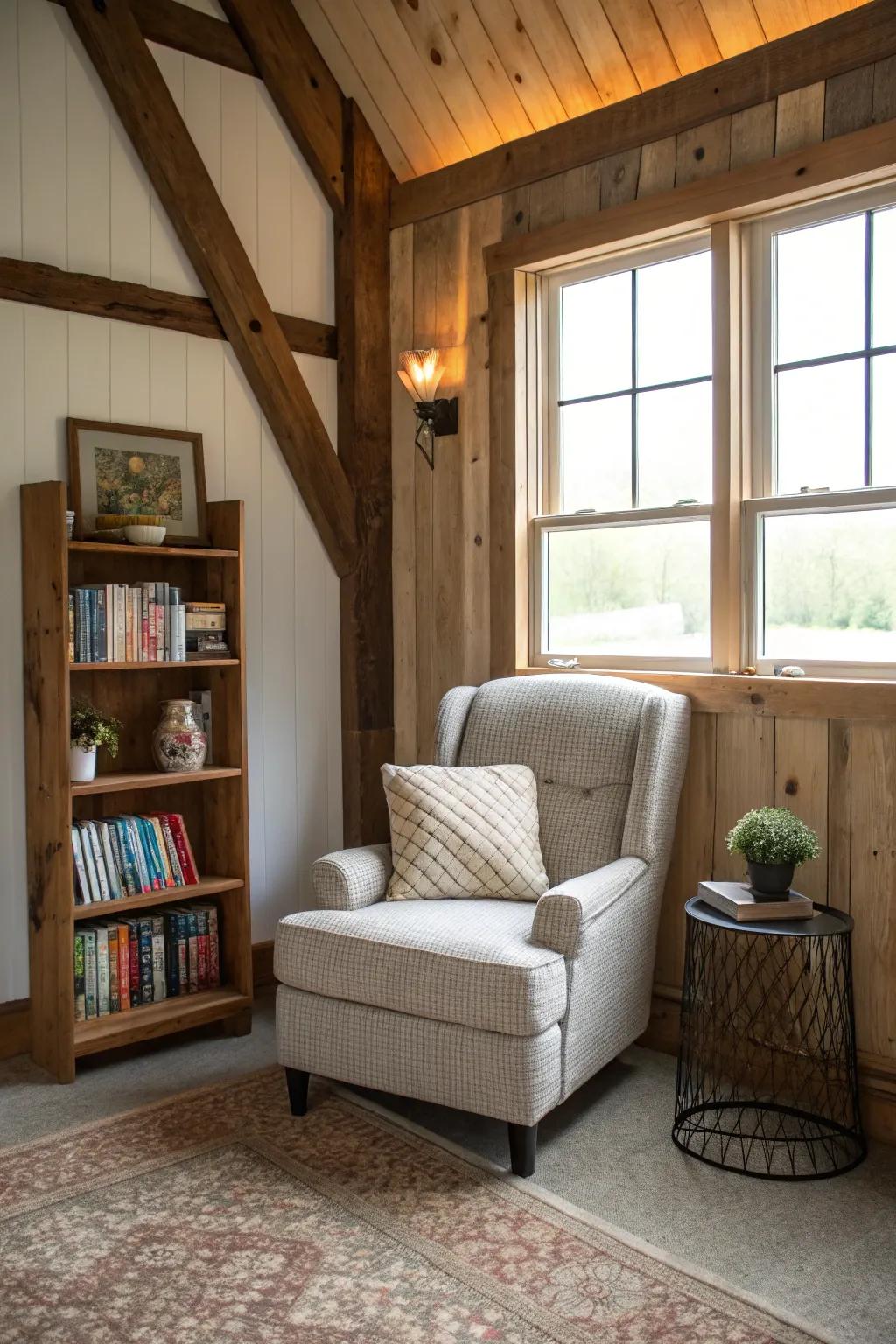 A calm corner inside a pole barn, featuring a comfy chair and bookshelf.