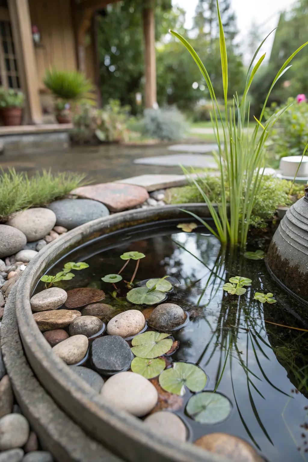 A peaceful zen container pond, an oasis of calm in compact quarters.