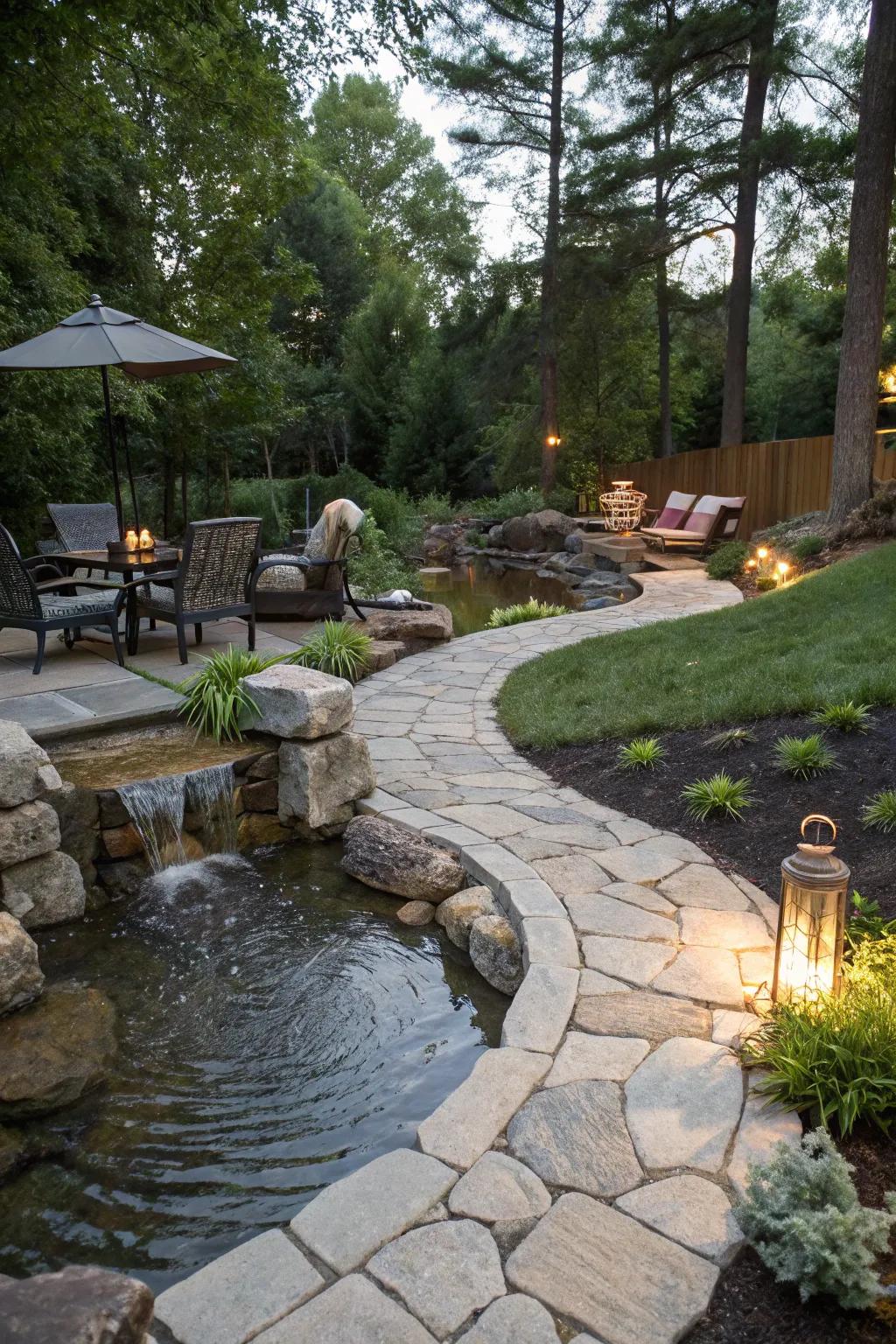 A trail and lounging spot beckon relaxation by your pond stream.