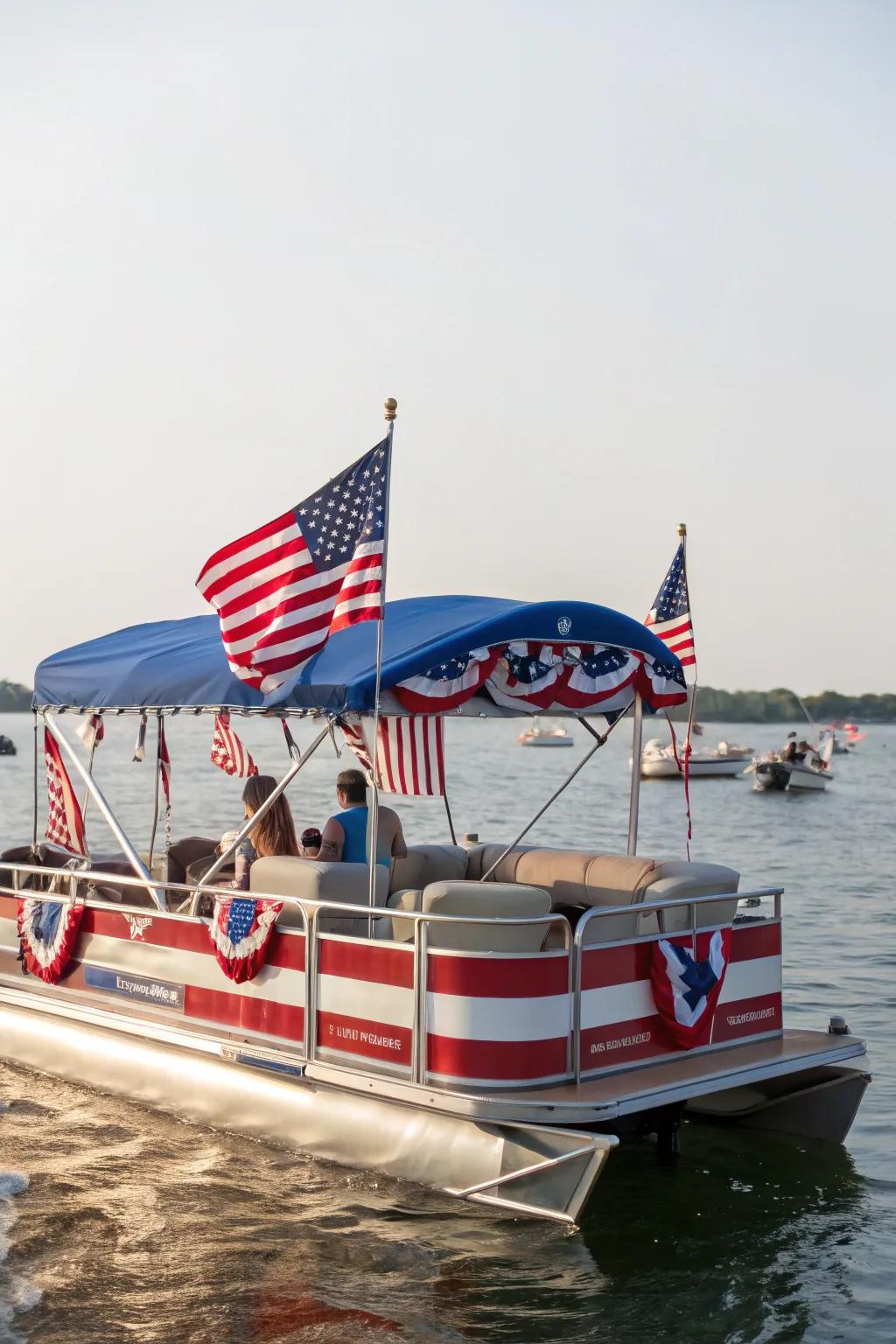 A patriotic-themed pontoon boat adorned with banners and national colors.