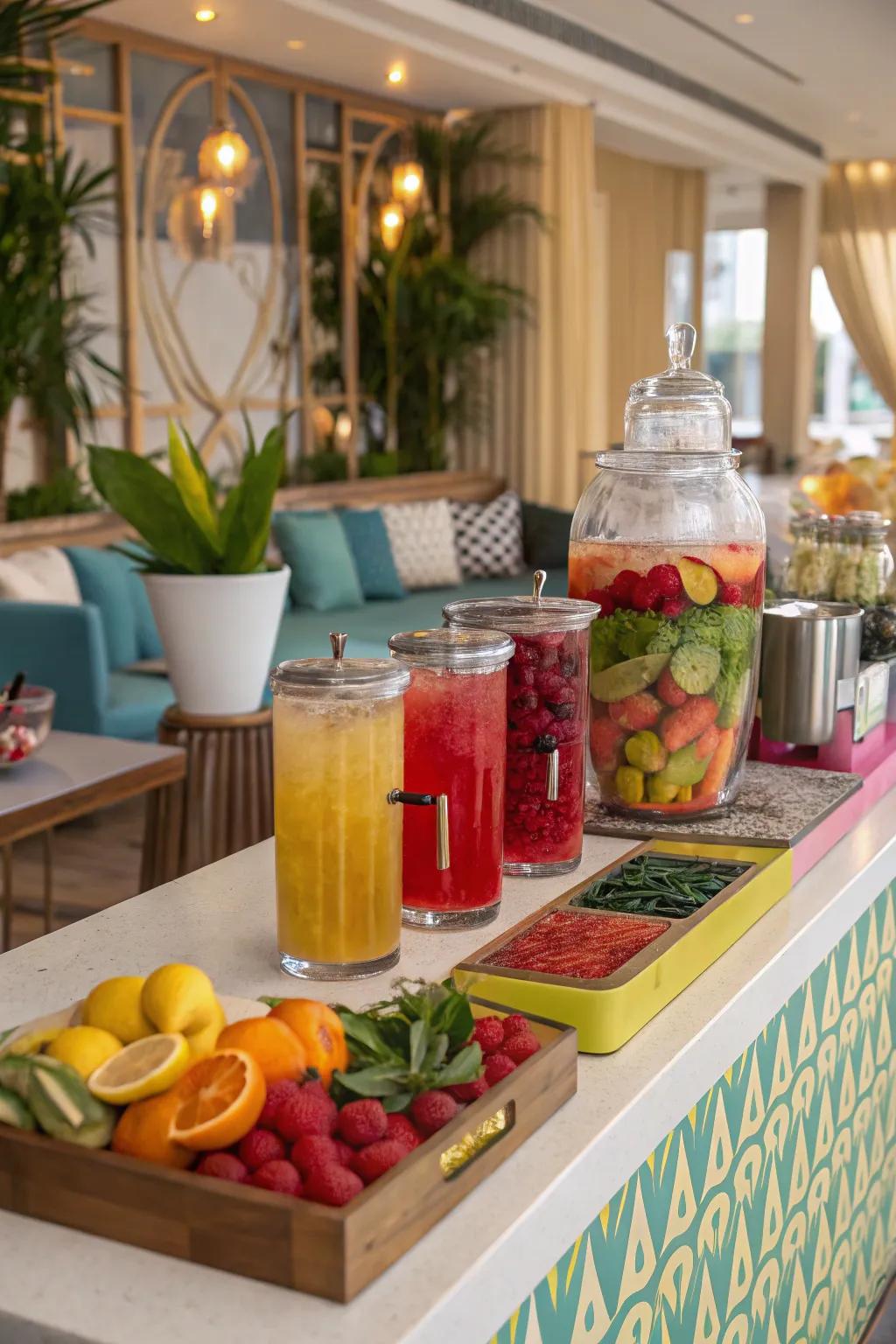 A refreshment bar presenting infused waters and non-alcoholic mixes for attendees.