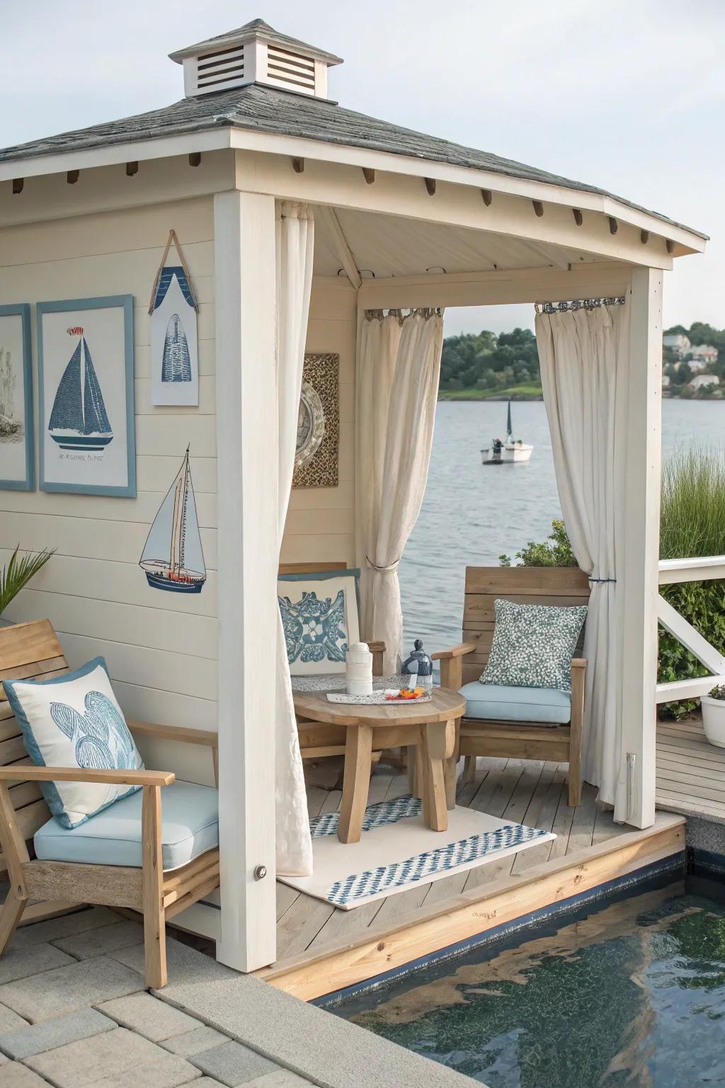A seaside cabana with sea-inspired decor and pale timber accents.