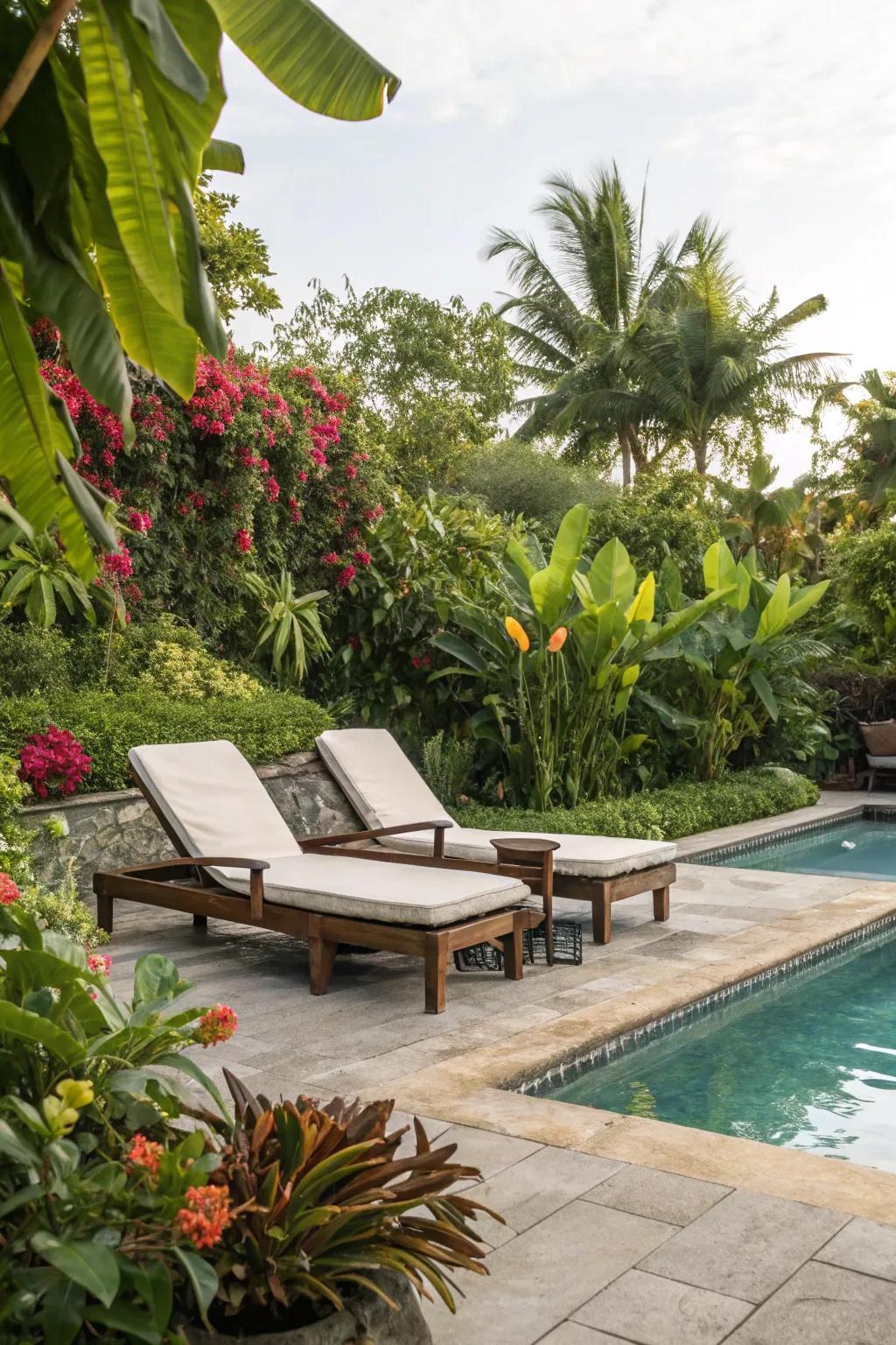 Lush vegetation enhances the tranquility of your poolside sanctuary.